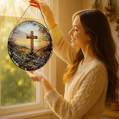 8 Inches Cross Sunset Stained Glass Suncatcher