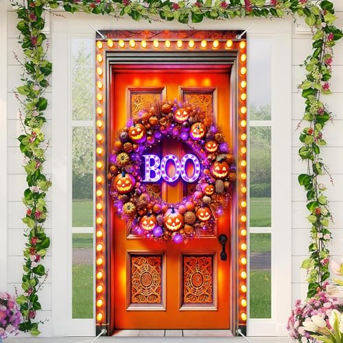 Halloween Door Banner LED Pumpkin Wreath 35x71 Inches Spooky Lit “Boo” Decor with String Lights & Jack