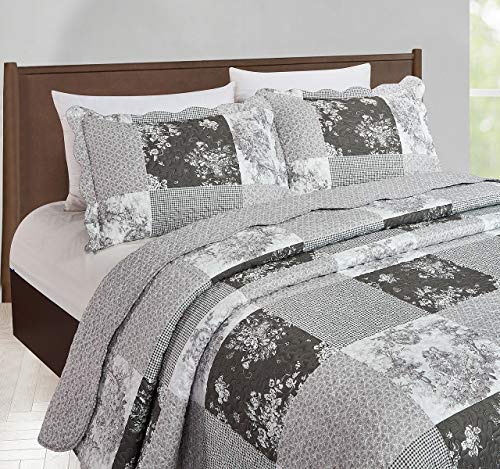 Multi Grey Toile & Floral Patchwork Quilt Set