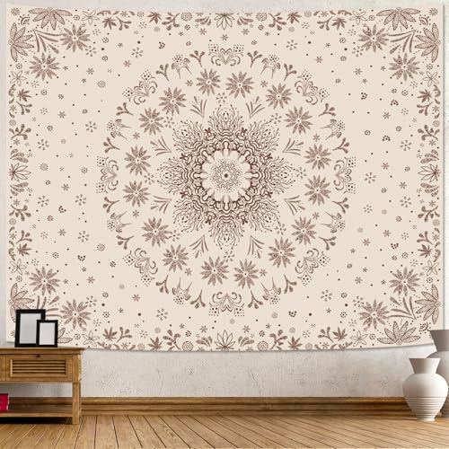 Boho Floral Mandala Tapestry Wall Hanging Bohemian Flower Medallion Tapestry Aesthetic Beige Brown Hippie Indian Small Tapestries for Bedroom Living Room Dorm Decor 40 x 30 Inch