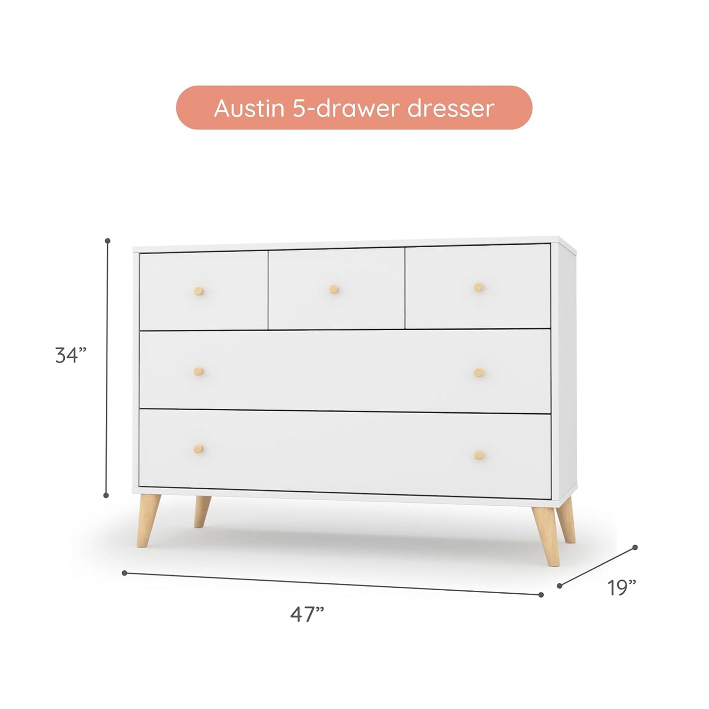 dadada Austin 5-Drawer Dresser for Nursery and Bedroom - Modern Design, Large Storage, Baby-Safe Finish, Anti-Tip Safety, Solid Wood Feet, Durable Construction (White+Natural)