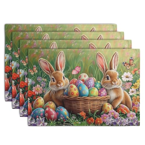 Easter Bunny Placemats Set of 4 Easter Colorful Eggs Floral Linen Fabric Table Mats Spring Farmhouse Seasonal Table Place Mats for Outdoor Indoor Home Party 12x18 Inch (4 Count)