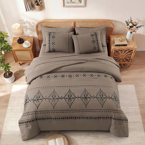 Queen Comforter Set Embroidery Floral 7 Pieces Bed in a Bag