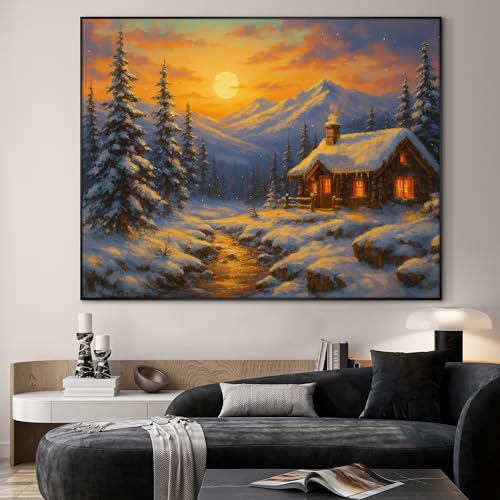 60"x72" Extra Large Framed Wall Art Cozy Cabin in Snowy Mountain Landscape at Sunset for Home Living Room Bedroom Decor