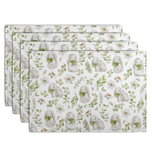Easter Bunny Rabbits Placemats Set of 4 Easter Spring Green Leaves Flroal Dining Table Placemats 12x18 Inch Heat Resistant Washable Table Mats for Kitchen Dining Holiday Indoor (4 Count)