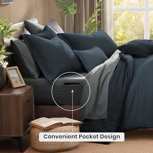 Full Comforter Set 7 Pieces Navy Blue Cationic Dyeing Bed in a Bag