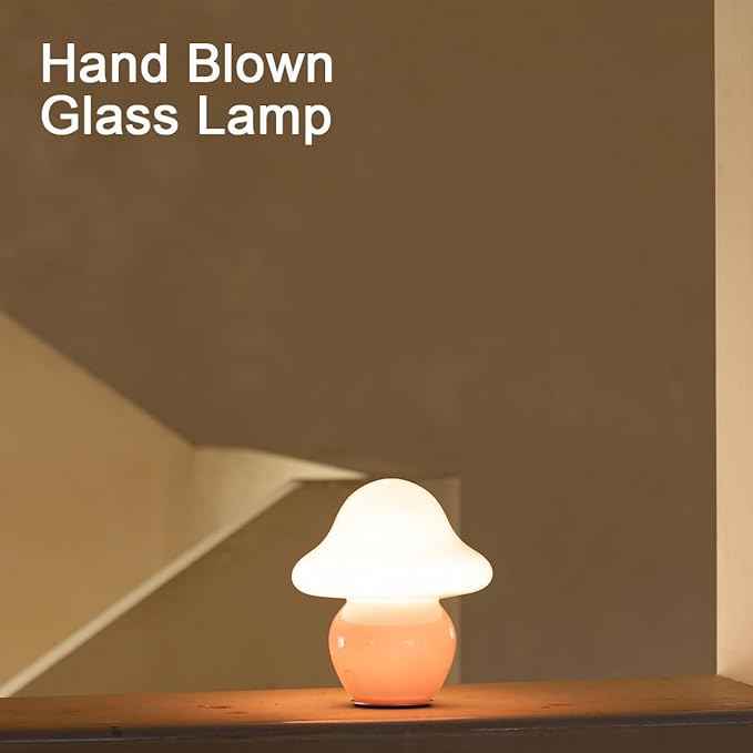 Mushroom Lamp Pink Glass Mushroom Table Lamp for Bedrooms, Living Room, Aesthetic Lamps for Bedroom, Cute Bedside Lamp