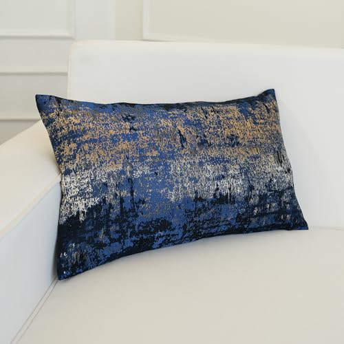 Navy Champagne Metallic Jacquard Lumbar Pillow Cover 12x20 Velvet Back Modern Glam Sofa Decor