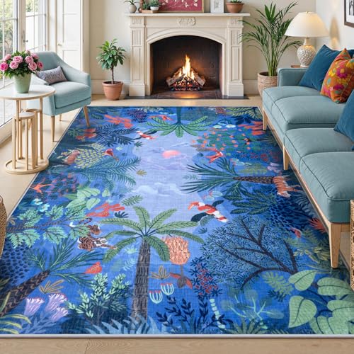 Washable Jungle Animal Print Rugs 9x12 Blue Rugs for Living Room