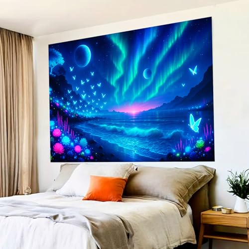 Blacklight Tapestry Galaxy Butterfly Wall Hanging 78 x 59 Inch