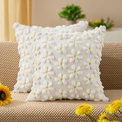 Spring Summer Pillow Covers 18x18 inch Set of 2 White Daisy (2 Count)