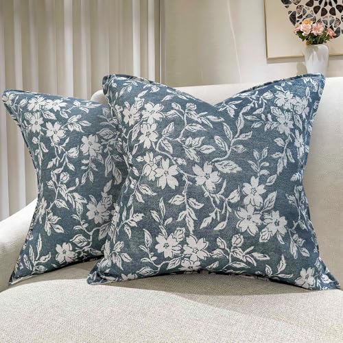 Floral Throw Pillow Covers 20x20 Set of 2 Farmhouse Jacquard Decorative Pillowcovers Couch Pillows for Living Room Accent Sofa Pillows Blue (2 Count)