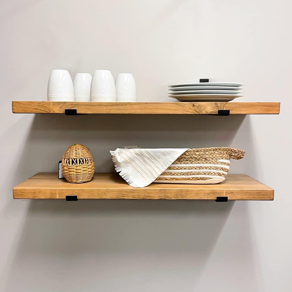 Rustic Shelves with J-Brackets Set of 2, Industrial Shelf, Kitchen Shelves, Solid Wood, Decorative Wall Storage, Heavy Duty, URBANDI (Brown, 24Wx8D)
