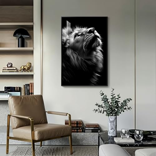 Framed Modern Black and Gray Lion Animal Wall Art