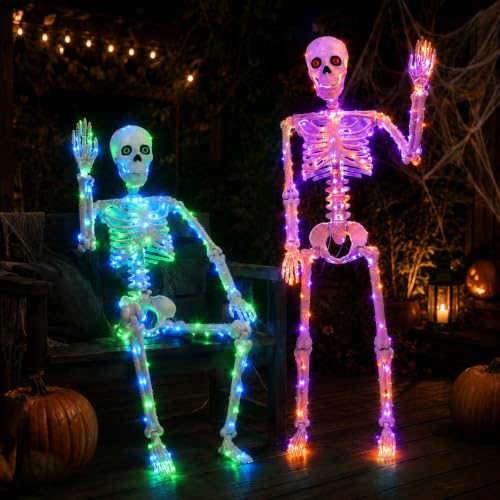 2Pack 36" Halloween Light up Skeleton Decor Outdoor (Blue&Green+Orange&Purple)