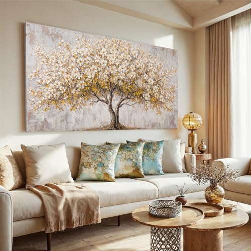 Canvas Wall Art Decor Gold Tree Of Life Oversized Wall Art For Living Room Pictures Wall Art Decor White Vintage Wall Art Prints Decorative Painting Artwork For Bedroom Office Room Wall Decor 29×58 In