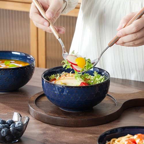 Cereal Bowls 30 Ounce Ceramic Blue Soup Bowl for Kitchen (4 Count)