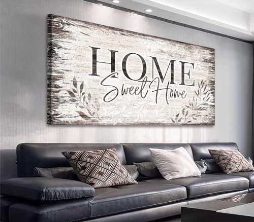Home Sweet Home Wall Art Sign Large Dark Brown Farmhouse Wall Sign for Living Room Decoration Wooden Board Design Canvas Prints Modern Rustic Artwork Leaf Pictures Wall Decor 29" x 58"