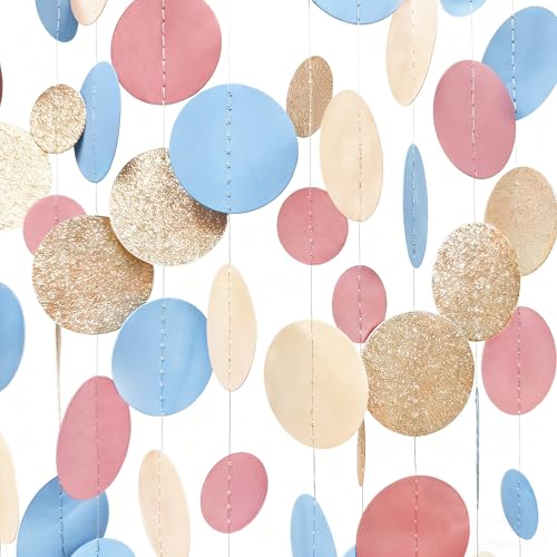 Champagne Gold Dusty Pink Blue Cream Beige Circle Dot Hanging Streamer Polka Dot Garland Banner for Birthday Wedding Bridal Shower Engagement Boho Gender Reveal Party Decorations Supplies