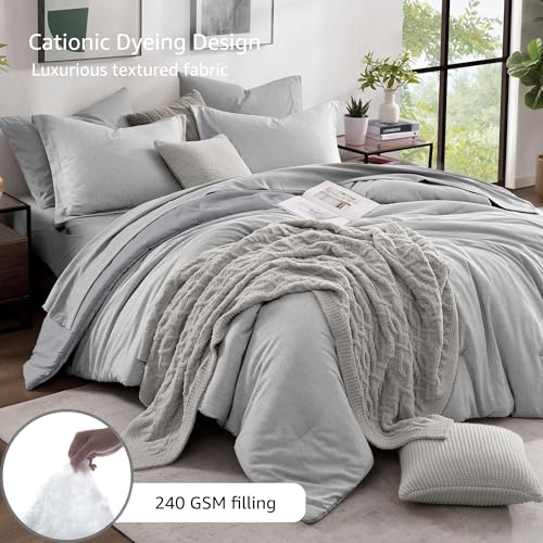 Full Comforter Set 7 Pieces Light Grey Cationic Dyeing Bed in a Bag