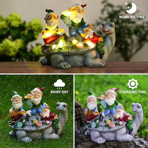 Solar Garden Outdoor Statues Gnome Turtle Three Gnomes Having Party on Turtle with 7 LED Lawn Decor Outside Decorations for Patio