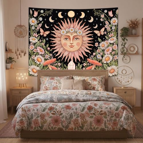Boho Pink Sun Moon Phase Daisy Flower Floral Tapestry 48 x 36 Inch