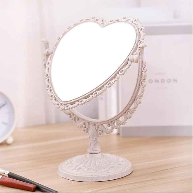 AKOAK Heart-Shaped Cosmetic Mirror - Plastic, Double-Sided, Rotatable, Lightweight - Bathroom & Bedroom Mirror (Beige)
