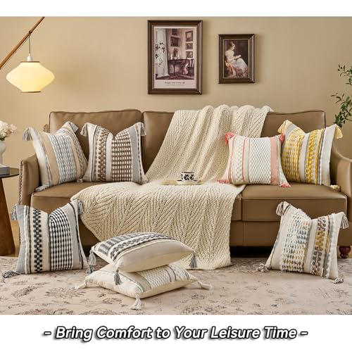 Set of 2 Chenille Striped Textured Boho Throw Pillow Covers Aesthetic with Tassels Woven Decorative Pillow Case for Couch Bed Sofa Bedroom Modern Funky 18 x 18 (2 Count)