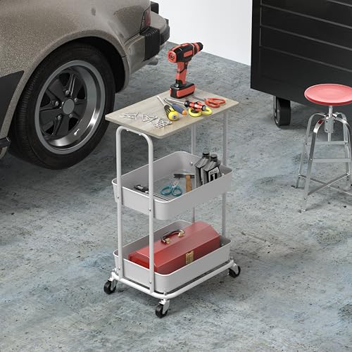 2 Tier Rolling Utility Cart Wood Top