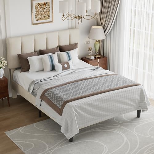 Queen Size Bed Frame with Upholstered Headboard