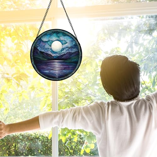 Blue Moon Lake Stained Glass Window Hanging Suncatcher Gift for Women 6.3"