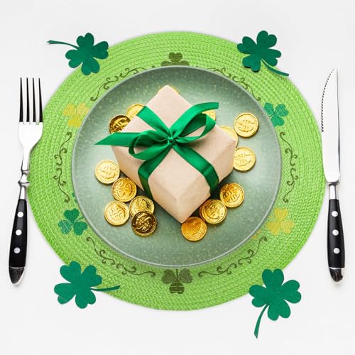 4Pcs Round St. Patrick's Day Placemats 13.4 Inch Embroidered Place Mats Green Shamrock Clover Dinner Table Mats for Home Spring Irish Holiday Birthday Party Decor (4 Count)