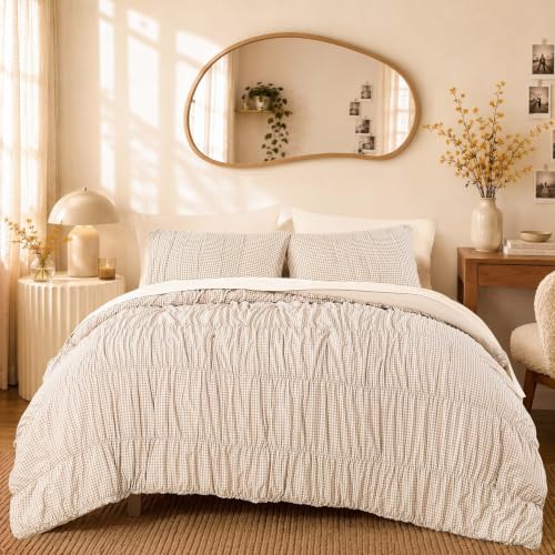 Tan Gingham Queen Size Comforter Sets