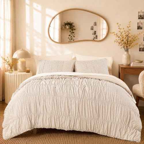 Tan Gingham Twin XL Comforter Set