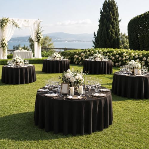 5 Pack 132 Inch Black Tablecloths for Round Tables (5 Count)