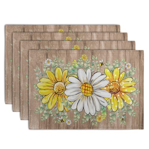 Spring Summer Floral Set of 4 Sunflower Daisy Eucalyptus Leaf Wooden Board Place Mats 12x18 Inch Rustic Vintage Flowers Farmhouse Table Mats for Home Kitchen Dining Decoration (4 Count)