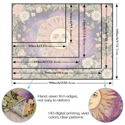 Vintage Sun and Moon Boho Hippie Purple Floral Tapestry 48 x 36 Inch