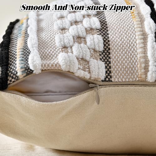 Chenille Striped Textured Boho Throw Pillow Covers Aesthetic with Tassels Woven Decorative Pillow Case for Couch Bed Sofa Bedroom Modern Funky 18 x 18