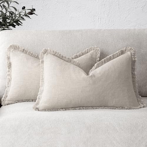 Boho Linen Fringe Lumbar Throw Pillow Covers 12×24 Natural Beige (2 Count)