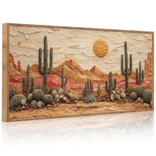 3D Textured Cactus Arizona Desert Framed Canvas Wall Art 40x20 Inch