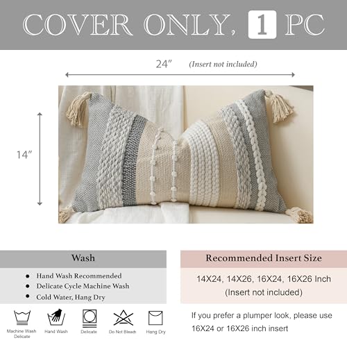 Decorative Lumbar Throw Pillow Cover 14x24 Boho Gray Accent Cushion for Couch Sofa Farmhouse Pillowcase for Bedroom Living Room Home Décor Cover ONLY
