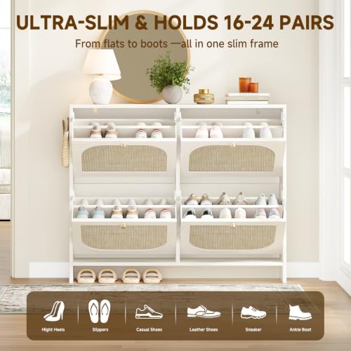 Freestanding Ultra Slim Arched Rattan Accent Shoe Storage Cabinet for Entryway