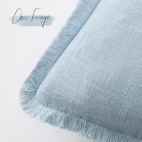 Decorative Linen Fringe Throw Pillow Covers 18×18 Light Blue (2 Count)