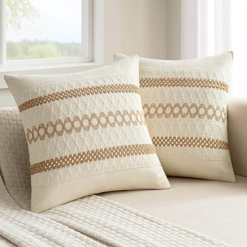 Set of 2 Neutral Boho Decorative Pillow Covers 20x20 Inch (2 Count)