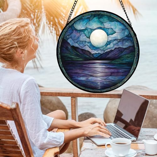 Blue Moon Lake Stained Glass Window Hanging Suncatcher Gift for Women 15"