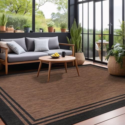 Bordered Outdoor Rug 9x12 Washable Outside Carpet for Indoor Patio Porch Waterproof Easy Cleaning Non Shedding Area Rugs Nut Brown 9 x 12