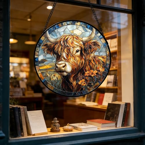 Scottish Highland Cow Stained Glass Window Hanging Suncatcher Gifts 9.8"