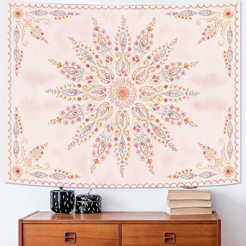 Boho Floral Mandala Tapestry for Bedroom Aesthetic Pink Bohemian Flower Wall Tapestry Watercolor Hippie Indian Small Tapestries Wall Hanging for Living Room Dorm Decor 48 x 36 Inch