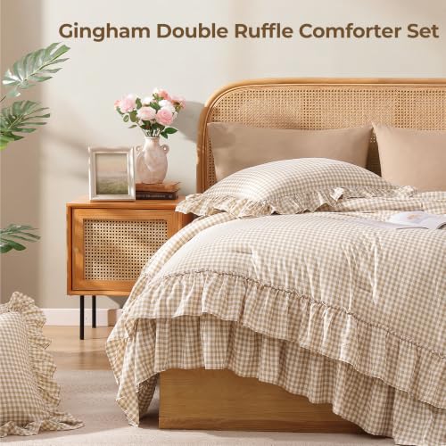 King Size Comforter Set Gingham Ruffle Tan 7 Pieces Bed in a Bag