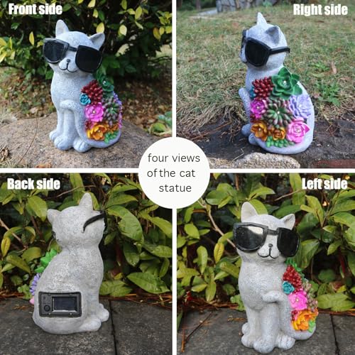 Solar Cat Garden Decor Statues with Succulent LED Lights and Sunglasses